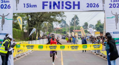 Amos Kiprotich crossing the finish line during the Betika Kapsabet 15KM Road Race. PHOTO/ Dennis Murimi
