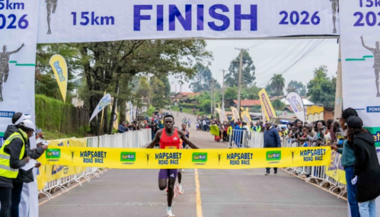 Amos Kiprotich crossing the finish line during the Betika Kapsabet 15KM Road Race. PHOTO/ Dennis Murimi