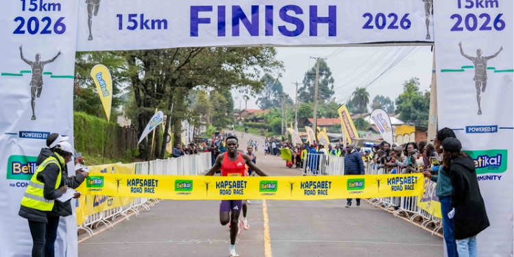 Amos Kiprotich crossing the finish line during the Betika Kapsabet 15KM Road Race. PHOTO/ Dennis Murimi