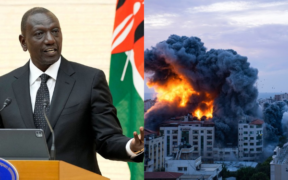 A photo collage of president William Ruto and a bomb explosion in Kuwait. PHOTO/ File