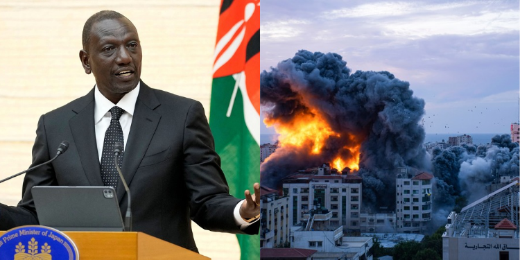 A photo collage of president William Ruto and a bomb explosion in Kuwait. PHOTO/ File