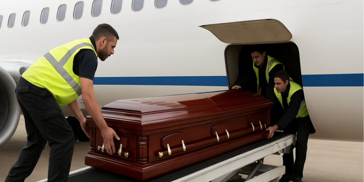 AI image of airport workers loading a casket into the cargo area of a plane. PHOTO/ File