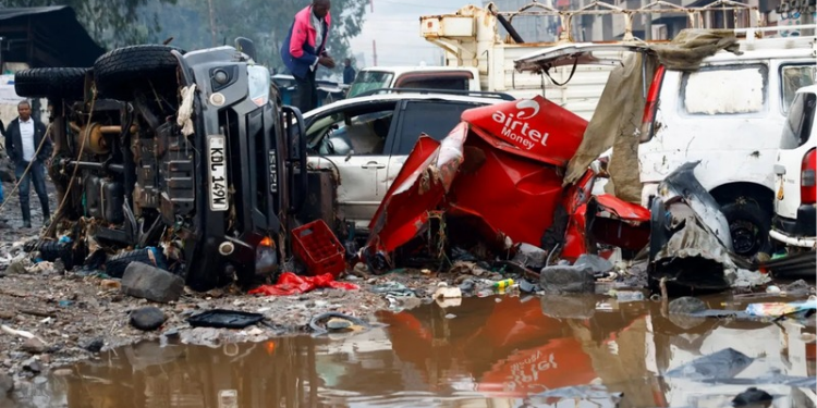 A photo of aftermath of Nairobi floods with Wreckage of vehicles swept away by raging waters transported to different destinations. PHOTO/BBC