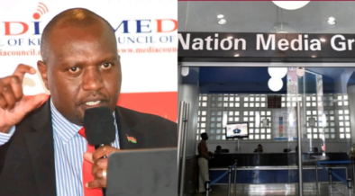 A Photo Collage of Media Council of Kenya CEO David Omwoyo and Nation Media Group Entrance Door. PHOTO/ File
