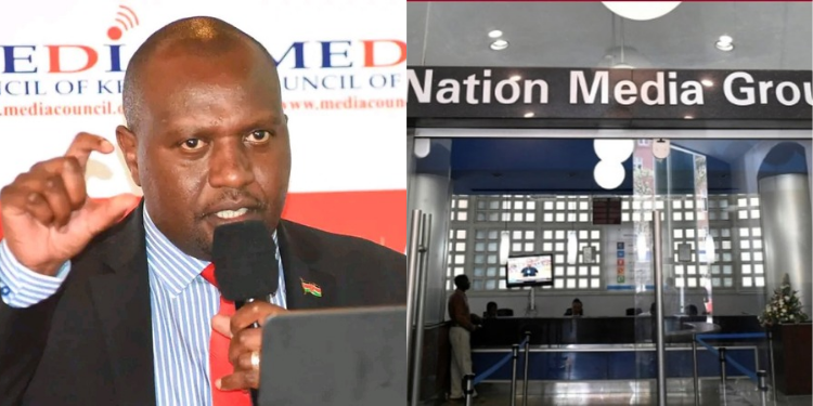 A Photo Collage of Media Council of Kenya CEO David Omwoyo and Nation Media Group Entrance Door. PHOTO/ File