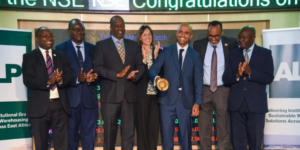 From left: Frank Mwiti,CEO, Nairobi Securities Exchange; Stephen Odua, Director of Industries,State Department for Investment Promotion, Ministry of Investment,Trade and Industry;Kiprono Kittony , Chairman, Nairobi Securities Exchange;H.E.Diana Dalton , Deputy High Commissioner to Kenya, British High Commission Kenya; Raghav Gandhi,CEO Africa Logistics Properties;Ugas Sheikh-Mohamed , Chairman, Capital Markets Authority; Wycliffe Shamiah ,CEO, Capital Markets Authority during the ALP Industrial Real Estate Investment Trust (ALP REIT) listing and bell ringing ceremony at the Nairobi Securities Exchange in Nairobi PHOTO/ALP