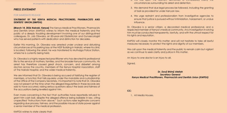 Notice issued by KMPDU over arrest of Dr Job Obwaka PHOTO/KMPDU/X