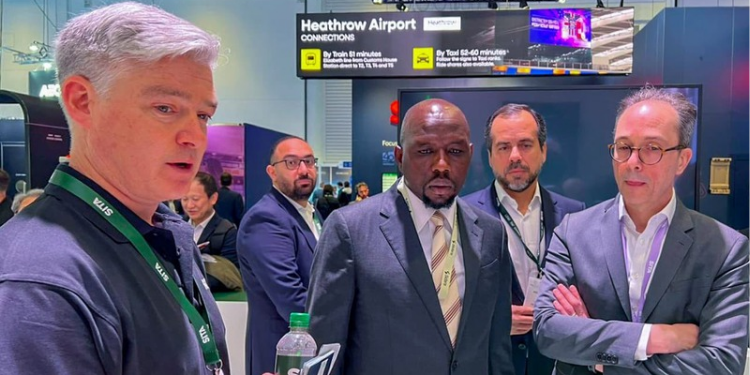 From left David Lavorel, SITA’s Chief Executive Officer, Centre Interior Cabinet Secretary Kipchumba Murkomen and Pedro Alves, Senior Vice President – Borders at the Passenger Terminal Expo & Conference 2026 in London. PHOTO/ Murkomen