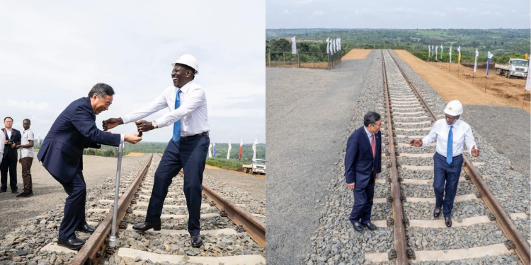 President William Ruto and a Chinese national as they Commission the upgrade and construction of SGR from Naivasha to Malaba at the proposed Narok Terminal. PHOTO/ PCS