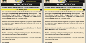 The advisory issued by KeNHA on the situation of Kitale-Morpus Road. PHOTO/ KeNHA 