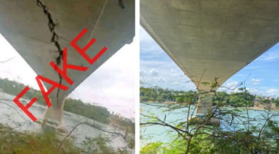 A photo collage of the fake AI generated kilifi bridge on the left and the verified real bridge current status on the right. PHOTO/ KeNHA