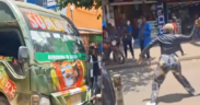 A photo collage of a Buruburu 58 Travellers Sacco matatu and a lady throwing a stone at it. PHOTO/ File