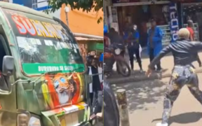 A photo collage of a Buruburu 58 Travellers Sacco matatu and a lady throwing a stone at it. PHOTO/ File