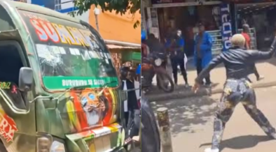 A photo collage of a Buruburu 58 Travellers Sacco matatu and a lady throwing a stone at it. PHOTO/ File