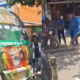 A photo collage of a Buruburu 58 Travellers Sacco matatu and a lady throwing a stone at it. PHOTO/ File