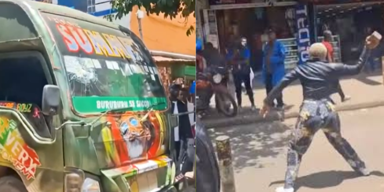 A photo collage of a Buruburu 58 Travellers Sacco matatu and a lady throwing a stone at it. PHOTO/ File