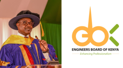 A photo collage of Education CS Julius Ogamba and Engineering Board of Kenya logo. PHOTO/ Ogamba X/ EBK.