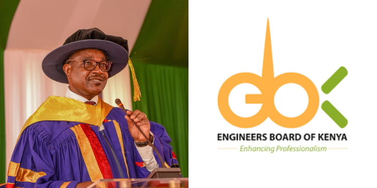 A photo collage of Education CS Julius Ogamba and Engineering Board of Kenya logo. PHOTO/ Ogamba X/ EBK.