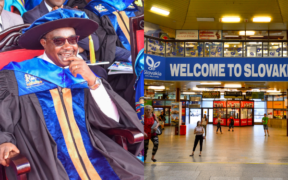 A photo collage of Education CS Julius Ogamba and a Slovakia welcome sign at an airport. PHOTO/Courtesy.