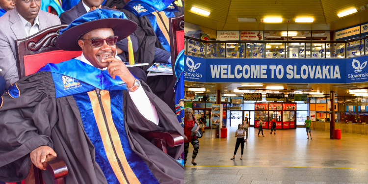 A photo collage of Education CS Julius Ogamba and a Slovakia welcome sign at an airport. PHOTO/Courtesy.