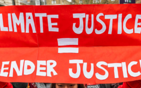 Placard with the words “Gender Justice” and “Climate Justice.” PHOTO/DeSmog.