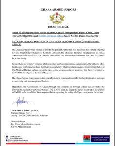 Statement by Ghana Armed Forces on the Israeli bombing of its troops in Lebanon. PHOTO/ Ghana Armed Forces 