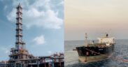 Collage photo of oil port infrastructure and crude oil tanker at the sea PHOTO/File