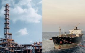 Collage photo of oil port infrastructure and crude oil tanker at the sea PHOTO/File