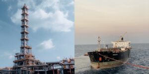 Collage photo of oil port infrastructure and crude oil tanker at the sea PHOTO/File