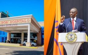 A photo collage of President William Ruto and Nairobi Hospital Western entrance. PHOTO/PCS/UGC.