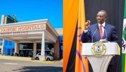 A photo collage of President William Ruto and Nairobi Hospital Western entrance. PHOTO/PCS/UGC.