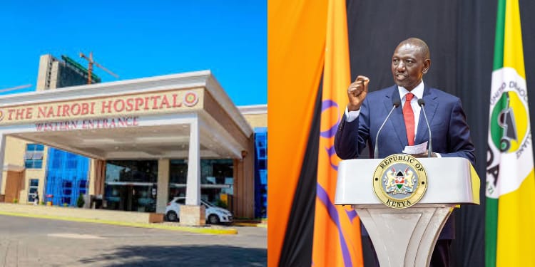 A photo collage of President William Ruto and Nairobi Hospital Western entrance. PHOTO/PCS/UGC.