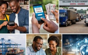 AI Collage images illustrating African SMEs using digital payments, cross-border trade and logistics and global financial technology