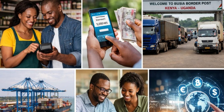 AI Collage images illustrating African SMEs using digital payments, cross-border trade and logistics and global financial technology
