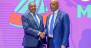 Sports principal secretary Elijah Mwangi with Caf president Patrice Motsepe
