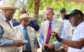 Kakuzi Blueberry Manager Laban Koima (right) explains package features to Investments, Trade and Industry Cabinet Secretary Lee Kinyanjui (second left) during his recent visit to Kakuzi Plc orchards in Murang'a County, as the firm's Chairman Nicholas Ng'ang'a and Managing Director Chris Flowers (right) look on