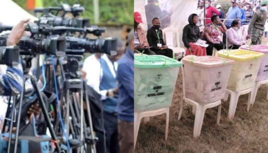 A photo collage of cameras during a past press conference and Observers in Kasarani constituency during the general elections, Nairobi, Kenya, 8 August 2022. PHOTO/KUJ/ Simon Libz/Shutterstock