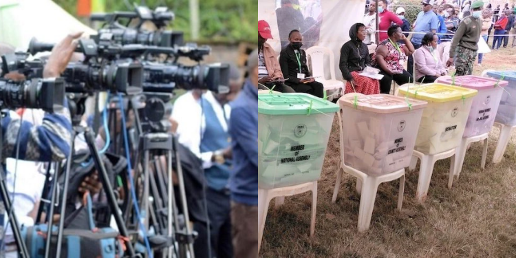 A photo collage of cameras during a past press conference and Observers in Kasarani constituency during the general elections, Nairobi, Kenya, 8 August 2022. PHOTO/KUJ/ Simon Libz/Shutterstock