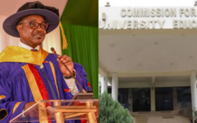 A photo collage of Education CS Julius Ogamba and CUE building. PHOTO/ Ogamba X/FILE.