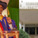 A photo collage of Education CS Julius Ogamba and CUE building. PHOTO/ Ogamba X/FILE.
