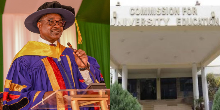 A photo collage of Education CS Julius Ogamba and CUE building. PHOTO/ Ogamba X/FILE.