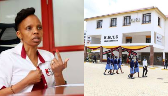 A photo collage of KUCCPS CEO Agnes Mercy Wahome and KMTC headquarters. PHOTO/KUCCPS/Courtesy.