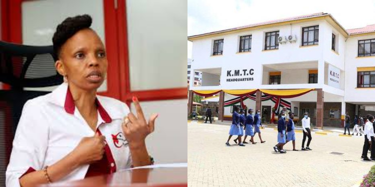 A photo collage of KUCCPS CEO Agnes Mercy Wahome and KMTC headquarters. PHOTO/KUCCPS/Courtesy.