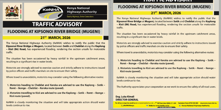 KeNHA has recommended safer routes for drivers affected by the flooding.
