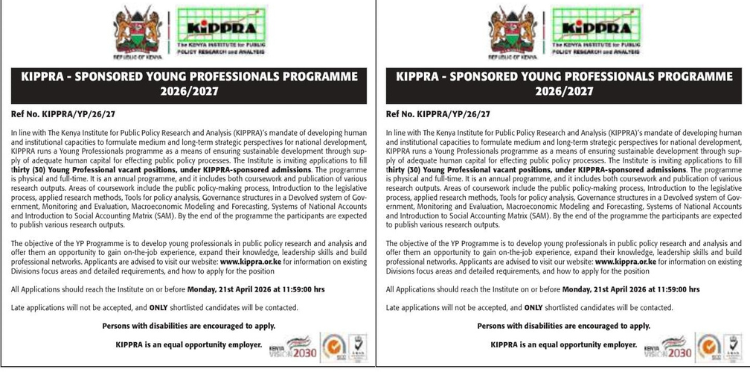 KIPPRA has announced opportunities for young graduates to join its 2026 Young Professionals (YP) Programme. PHOTO/MyGov Screengrabs.