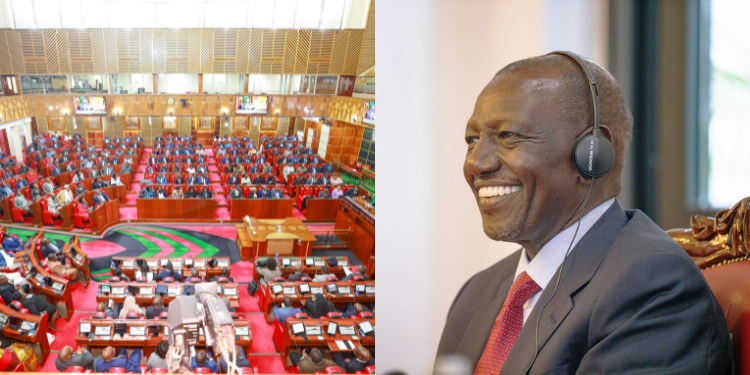 A photo collage of President William Ruto and a past sitting of the National Assembly. PHOTO/ Parliament/ PCS.