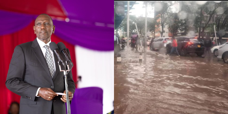 A photo collage of President William Ruto and floods in Nairobi. PHOTO/PCS.