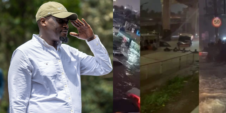 A photo collage of Nairobi Governor Johnson Sakaja and floods in the City. PHOTO/Sakaja X/ People Daily.