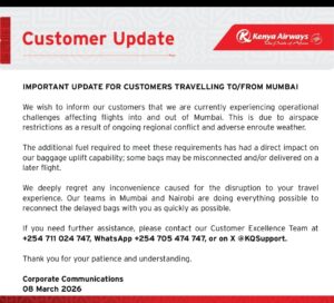 Announcement by Kenya Airways on flight disruptions to and from Mumbai. PHOTO/ Kenya Airways