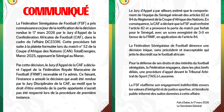 The Senegalese Football Federation (FSF) statement after CAF ruled in favour of Morocco. PHOTO/ FSF X.